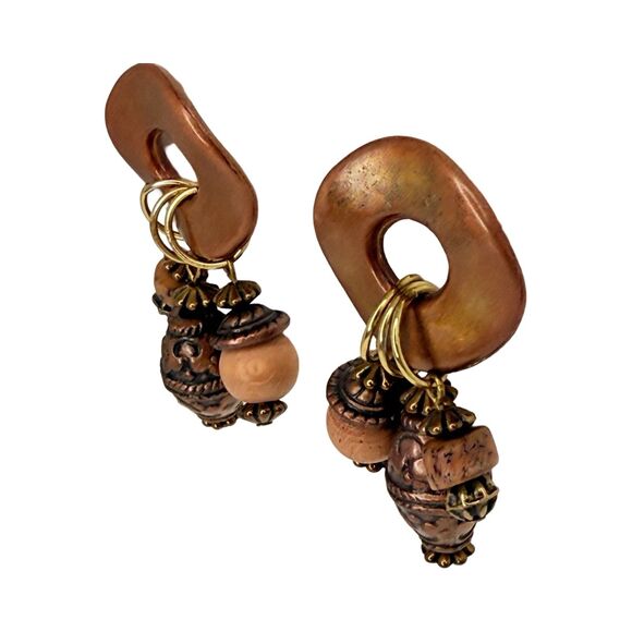 Vintage Copper Tone Bohemian Dangle Earrings 2" Beaded Boho Chic Hippie Ethnic - Picture 3 of 9